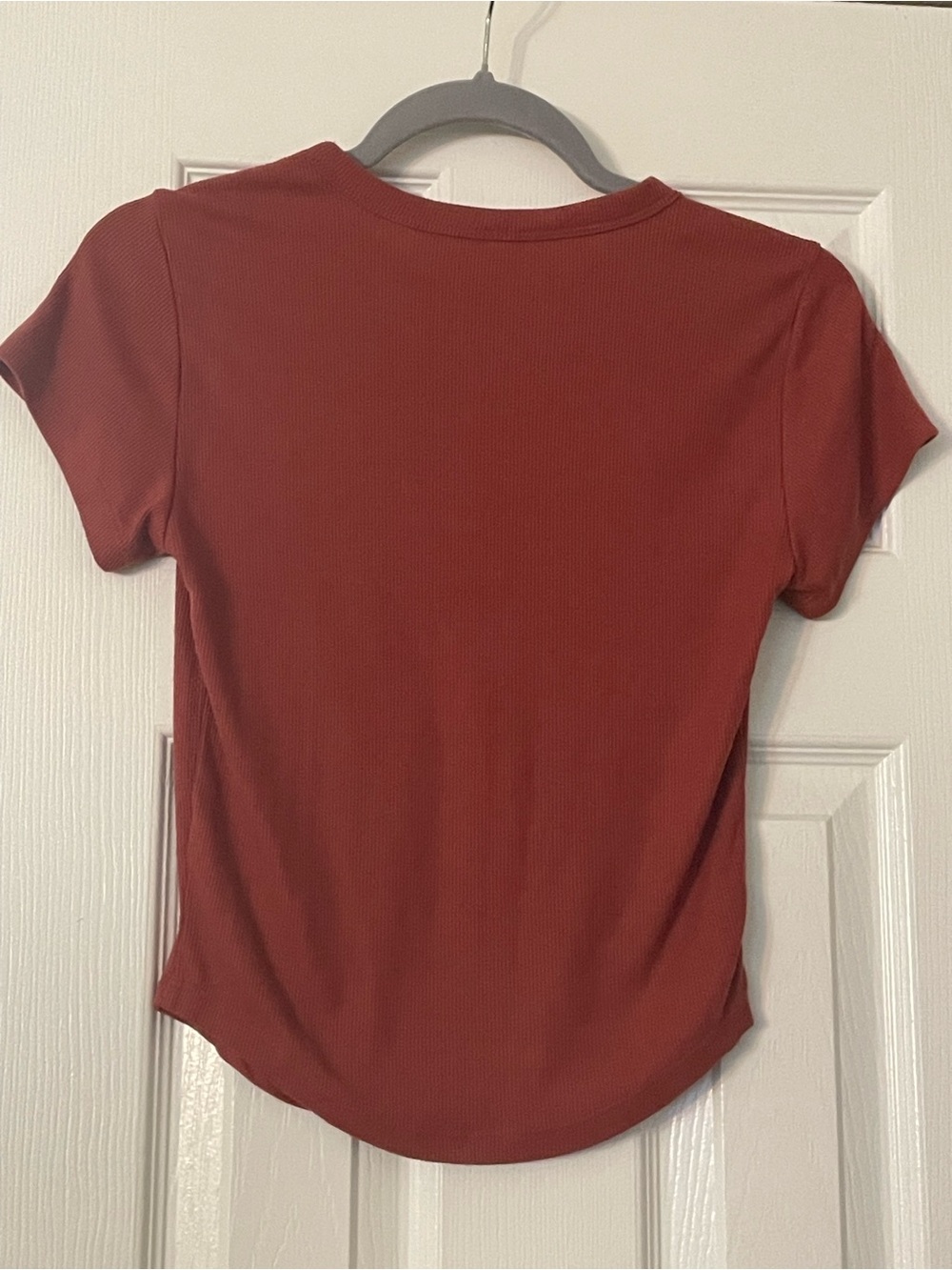 Brandy Melville White & Brick Red Ribbed Henley Tops - Picture 2 of 7